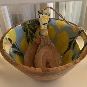 Wooden Salad Bowl With 2 Salad Utensils and 2 Handle Openings, Lemons & Leaves
